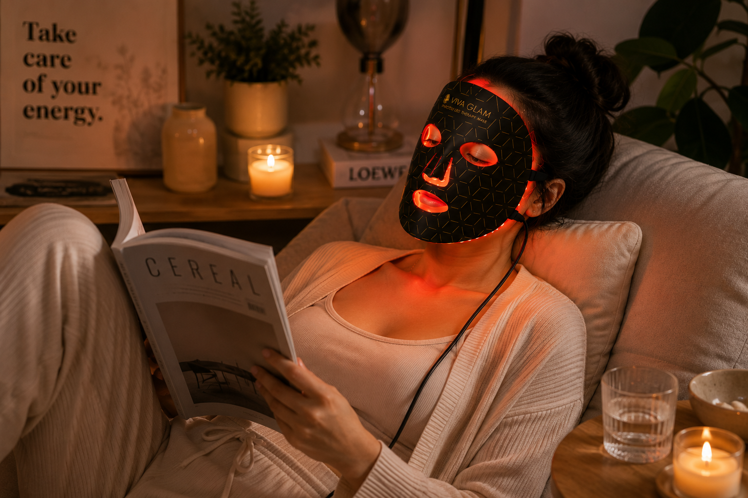 A reader unwinding with the LED therapy mask